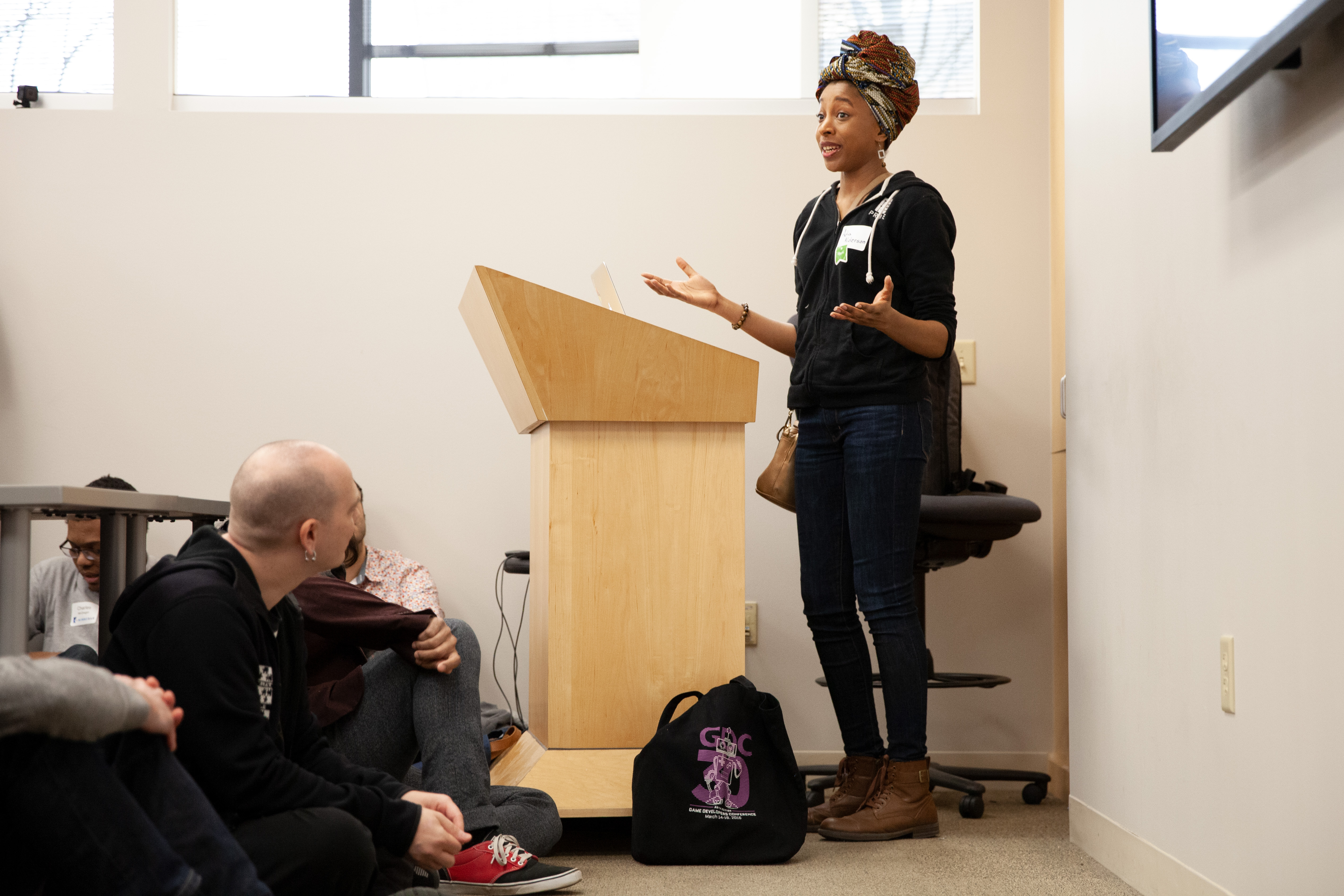 Aida presenting at Minnebar's Indie Game Development Microtalks