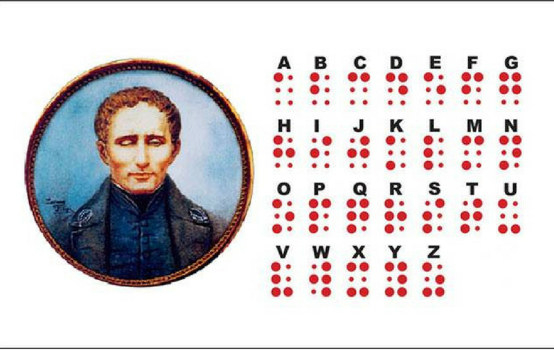 Illustration of Louis Braille alongside of the Braille alphabet represented by red dots