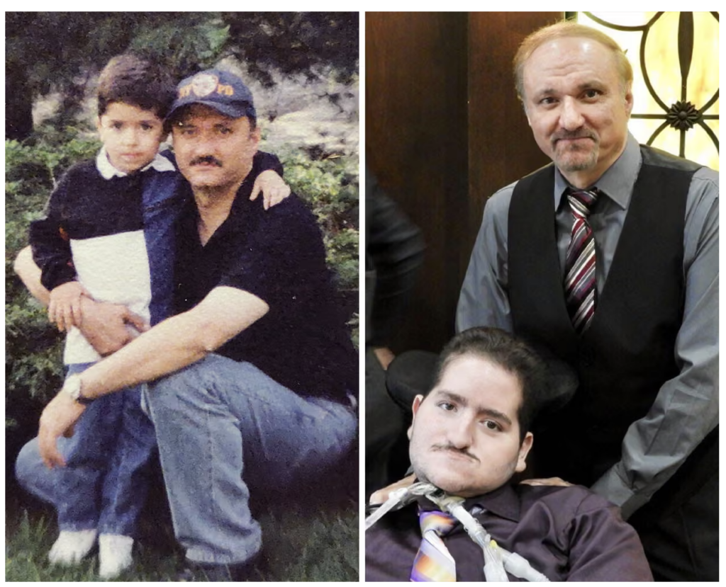 A side-by-side image showing Wael Tarabishi with his father, Maher, at two points in time: on the left, Wael as a young child sitting with his father outdoors; on the right, Wael as an adult seated in a wheelchair next to his father, both dressed formally and indoors.